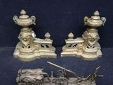 pair of antique brass figurines of horses pulling a carriage