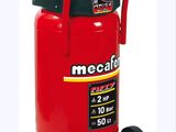 a red air compressor with wheels on a white background