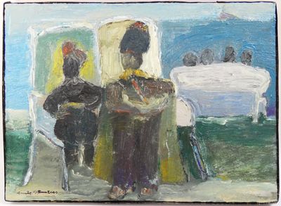 a painting of two people sitting at a table