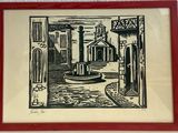 drawing of a street scene with a fountain in the middle of it