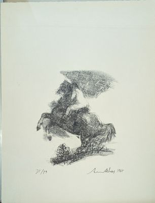 a drawing of a man riding a horse with an umbrella