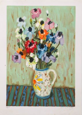 une peinture de fleurs dans un vase sur une table