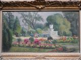une peinture à l'huile représentant une scène de jardin avec un cheval et une calèche