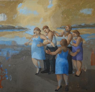 une peinture représentant un groupe de personnes sur la plage