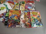 a lot of comic books sitting on a table