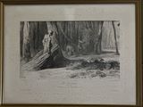 drawing of a man and a woman in a forest with a dog