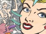 a drawing of a woman with a comic strip above her head
