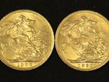 two gold sovereigns, one of which has a man on a horse and the other of which is a