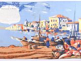 a picture of a painting of boats on the water