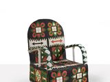 a black and red chair with a colorful pattern on it