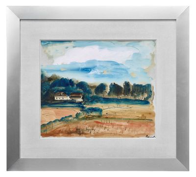 an image of a painting of a field with a house in the distance
