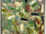 an abstract painting of green, red, yellow, and white squares