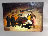 a painting of a group of people standing around an elephant