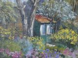 an oil painting of a garden with flowers and trees