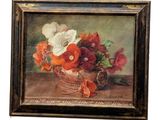 painting of a vase of flowers on a table with a white background