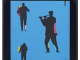 reproduction encadrée représentant les silhouettes d'hommes jouant d'instruments sur fond bleu
