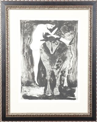 dessin en noir et blanc, encadré, représentant un homme et une femme sur un éléphant