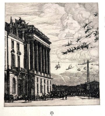 a drawing of a building with a clock tower in the background