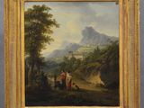 an oil painting of a landscape with figures in a wooded setting