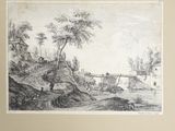 dessin représentant un paysage avec une rivière et un pont au loin