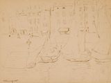 a drawing of boats in a harbor with buildings in the background