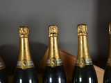 six bottles of champagne are lined up in a row on a table