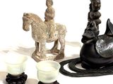 three pieces of art that include a horse, a man and a woman