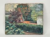 an oil painting of a bench in a garden next to a tree