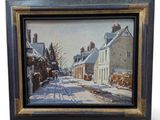 an image of a painting of a snowy street in a village