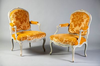 pair of louis xv style armchairs with orange velvet upholstered seats