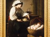 an oil painting of a woman with a baby in a basket