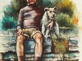 a painting of a boy sitting on a bench with a dog