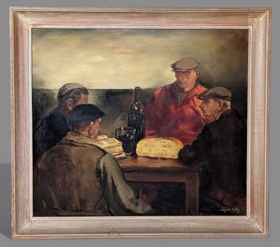 an oil painting of a group of men sitting around a table