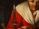 painting of a woman with a candle and a plate of food on a table