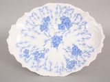 a blue and white plate with a flower design on it