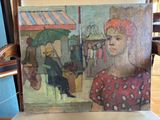 a painting of a woman with an umbrella on a table