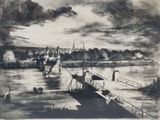 drawing of a black and white picture of a boat docked at a dock