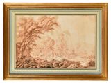 une peinture d'un paysage avec des arbres et une rivière au premier plan