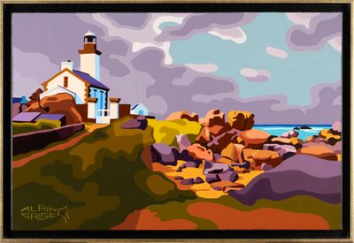an image of a painting of a lighthouse on a rocky beach
