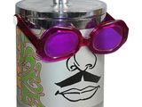 a canister with purple goggles on top of it