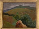 an oil painting of a landscape with a hill in the distance