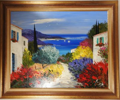 une peinture à l'huile représentant un tableau qui dépeint un chemin menant à une plage