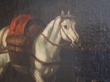 a painting of a white horse with a red saddle