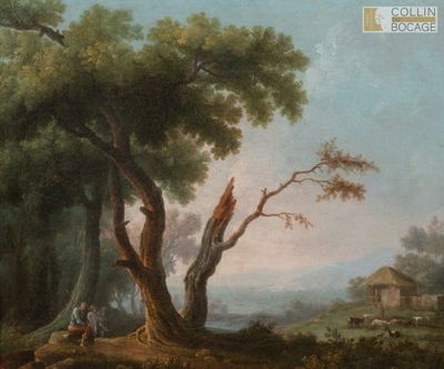 tableau représentant un paysage boisé avec, au premier plan, un homme et un chien