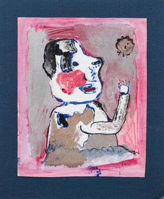 a picture of a painting of a dog with a red nose