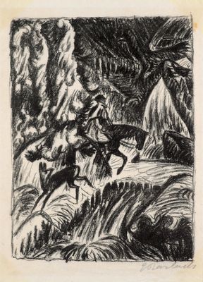 une image représentant un dessin d'un homme à cheval dans les bois
