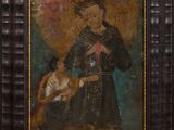 un vieux tableau représentant un homme tenant une pipe, dans un cadre noir