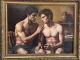 un tableau représentant deux hommes assis l'un à côté de l'autre