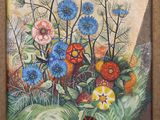tableau représentant un tableau représentant un jardin avec des fleurs et des papillons