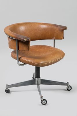 an image of a brown leather office chair with wheels on a white background